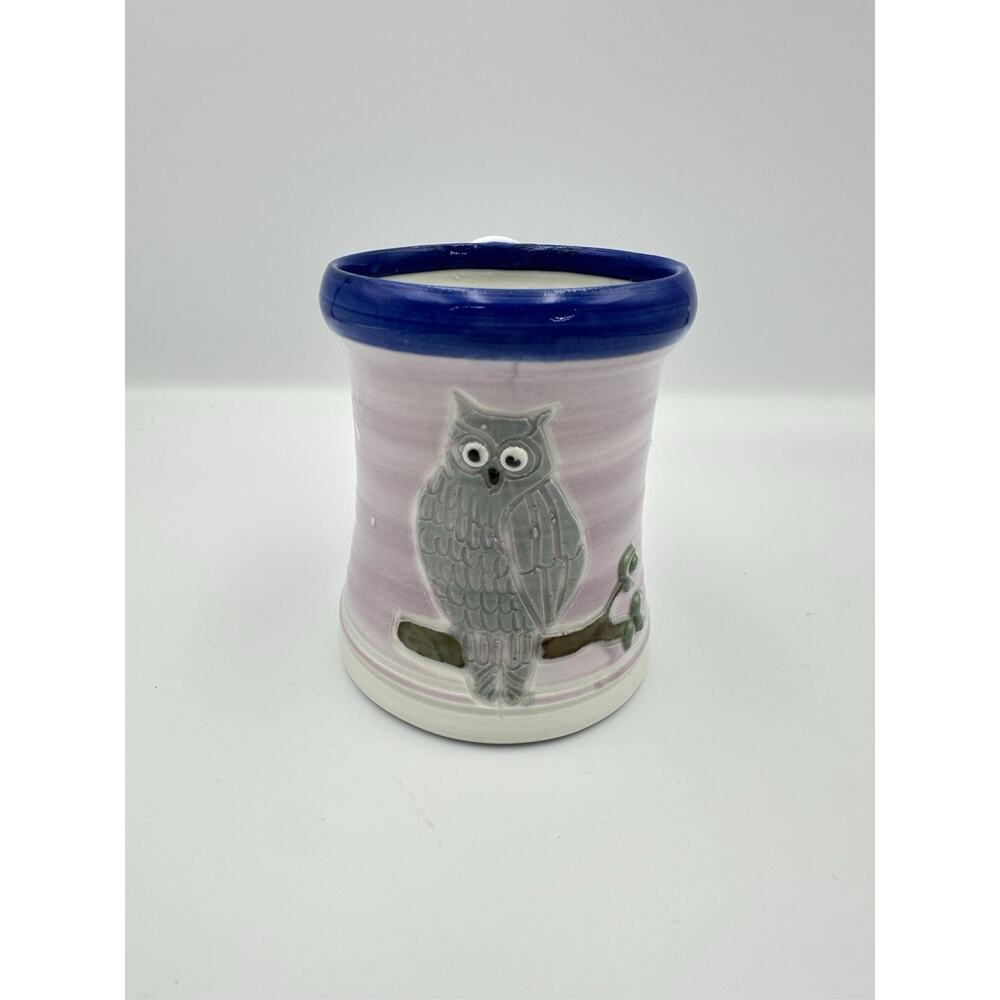 Vintage Handmade Studio Pottery Mug Owl Lavender Purple Blue Rim Signed Artist